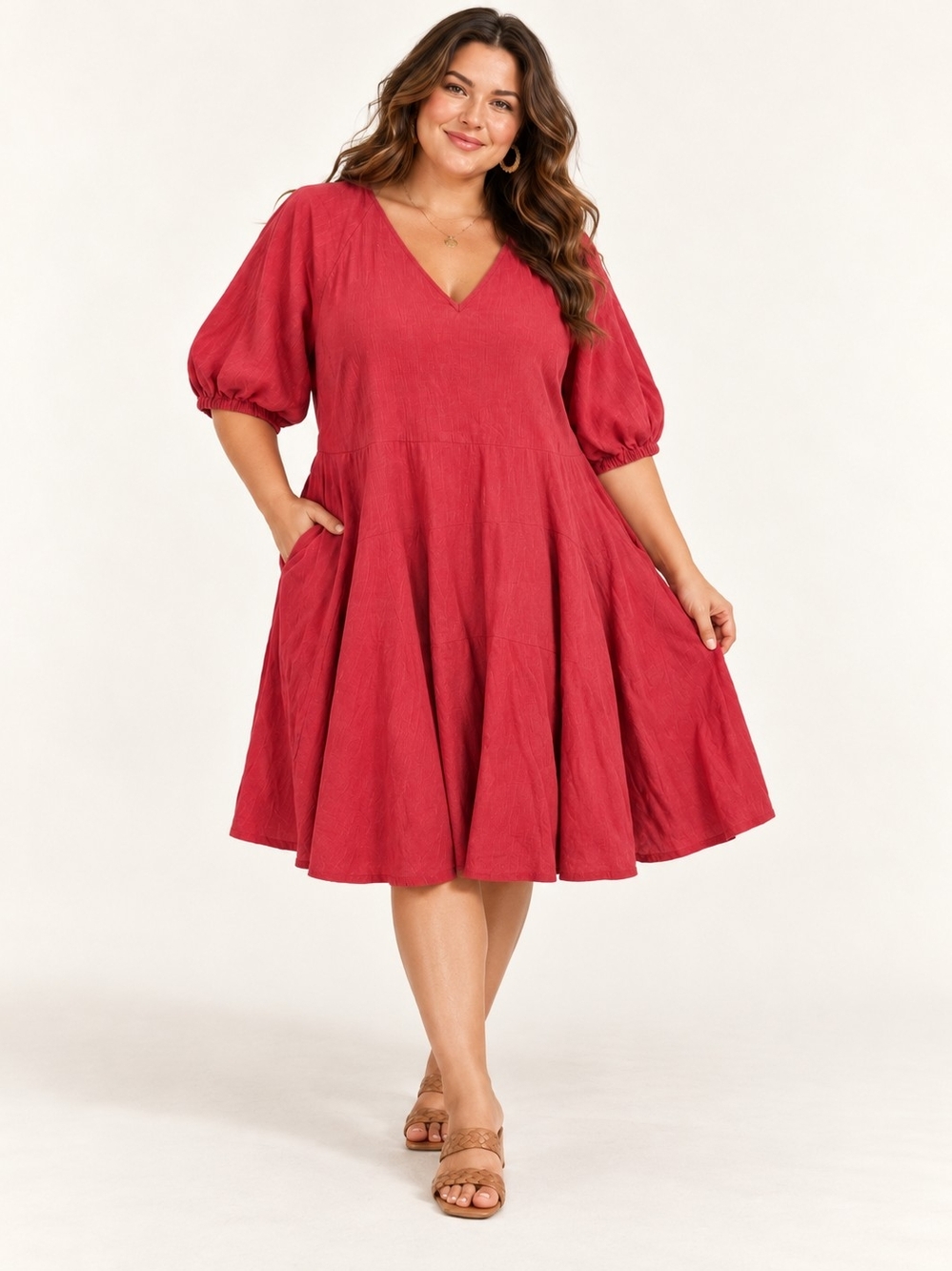 Universal Thread Rose Red V‑Neck Puff Sleeve Midi Dress